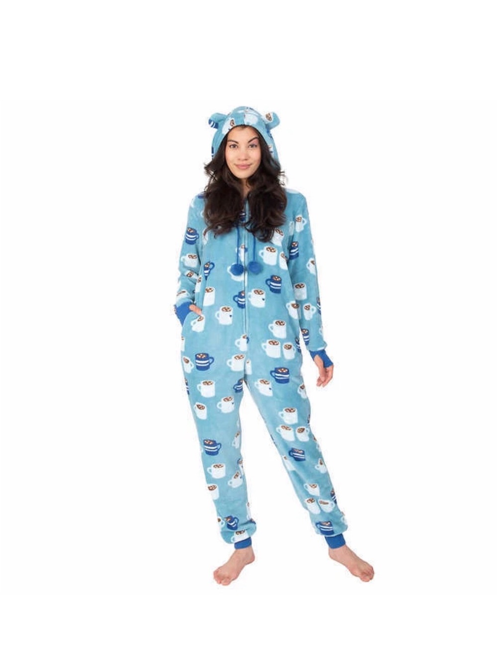 Munki Munki Ladies Plush Hooded One Piece Onesie Pajamas Blue Coffee Cup NWT - Picture 11 of 11